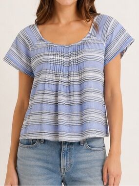 Lucky Brand Striped Gauze Peasant Blouse Size Large Blue White